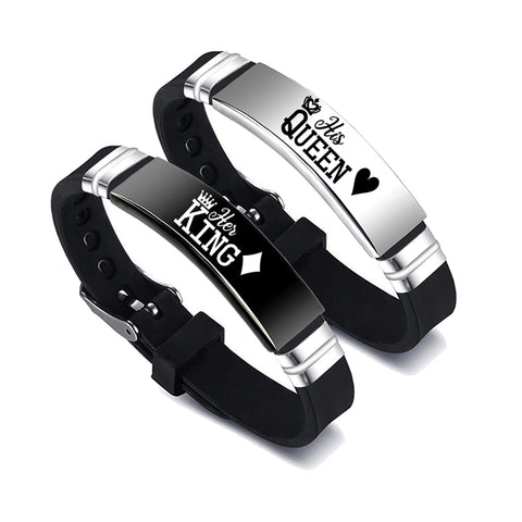 Black & Silver Couples Bracelets, Says ‘Her King’ & ‘His Queen’ Valentines Day Gift