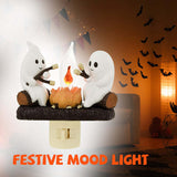 2024 Ghost Campfire Flickering Nightlight 2 Ghosts Roasting Plug Wall Spooky Fire Marshmallow Night Light For Halloween Decor